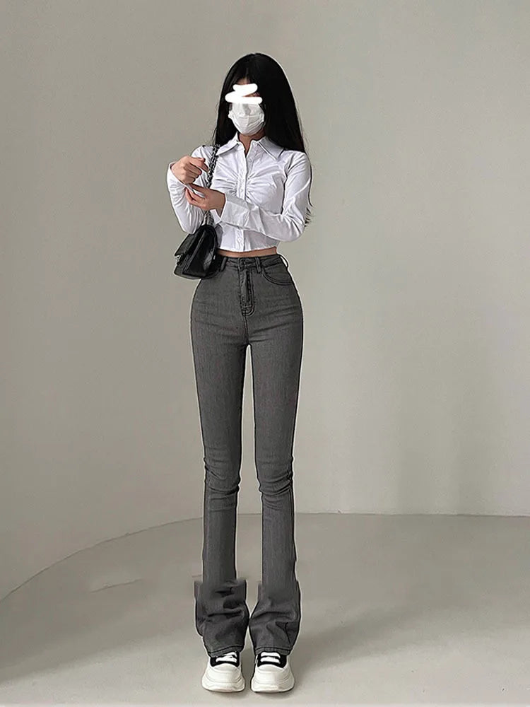 2024 Y2K High Waist Jeans Women Spring Sexy Hot Girl Casual Peach Love Pocket Flare Pants Female Bodycon Korean Denim Trousers