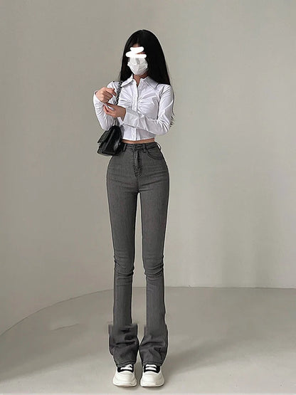 2024 Y2K High Waist Jeans Women Spring Sexy Hot Girl Casual Peach Love Pocket Flare Pants Female Bodycon Korean Denim Trousers