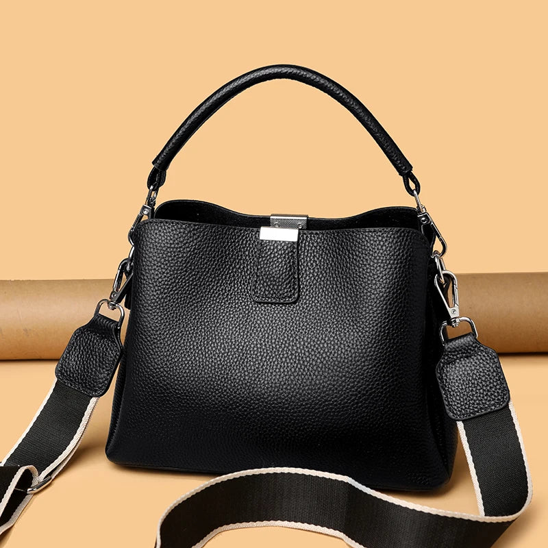 100% cowhide Bag Casual Women Hobos Handbags Bucket Bags New Women's Fashion Handbags Retro Solid Color Leather Shoulder wallet
