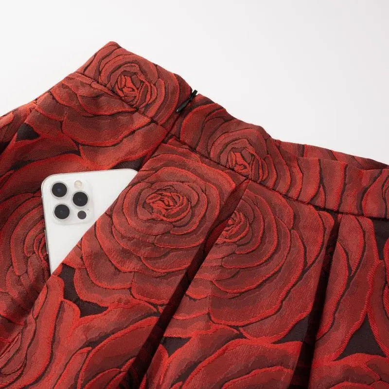 Wine Red Floral Vintage High Waist Ball Gown A-line Loose Women's Skirt Knee-Length Long Skirts For Women Clothing Fashion 2025