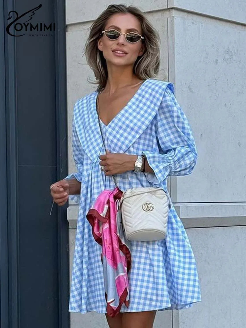 Oymimi Elegant Blue Cotton Dresses 2024 Women Fashion Print Three Quarter Sleeve Looes Dresses Casual New Pleated Mini Dress