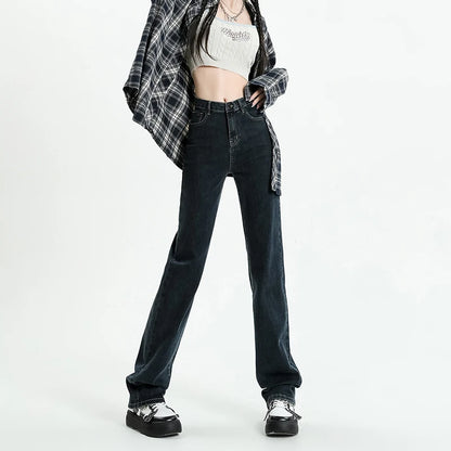 Autumn New Women's Stretch Jeans High Waist Slim Straight Vintage Washed Denim Pants Fashion Korean Street Y2K Female Clothing