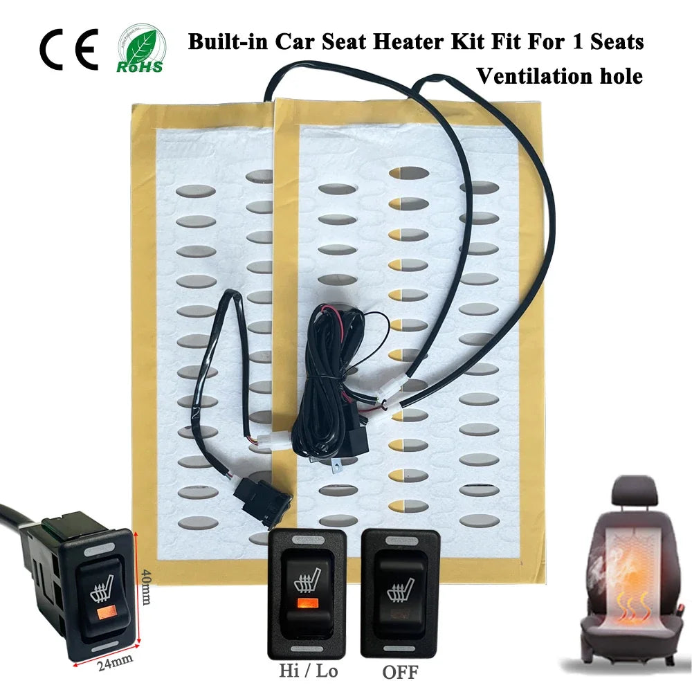 Universal 12V Built-in Car Seat Heater Kit with Hi /Lo 2-Level Switch and 25W Alloy Wire Fast Heating Pads with Ventilation Hole