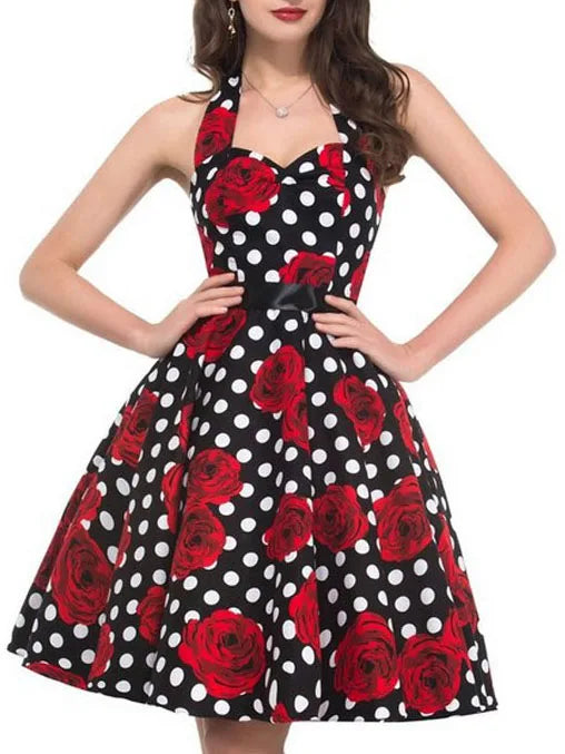 Women Summer Polka Dot Vintage Dress Fashion Party Office Lady 50s 60s Rockabilly Big Swing Halter Clothes Tunic Vestidos