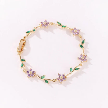 Elegant Multiple Color Flower Charm Zircon Branch Leaf Bracelet Dopamine Niche Sense 18K Gold Plated Women's Bangle Gifts