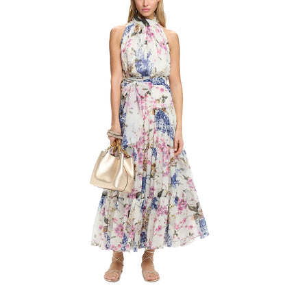 CHCH Summer Women Printed Midi Dress Sleeveless Satin Back Button Female Chic Elegant Dress Casual Vacation Party Evening Dress