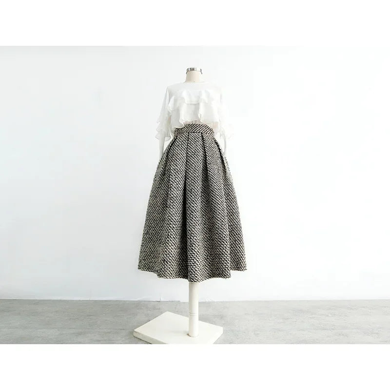 2025 New Fashion Tweed with Pocket Knee Length Skirt Winter Women Vintage Thickened High Waist Pleated A-Line Skirts Faldas