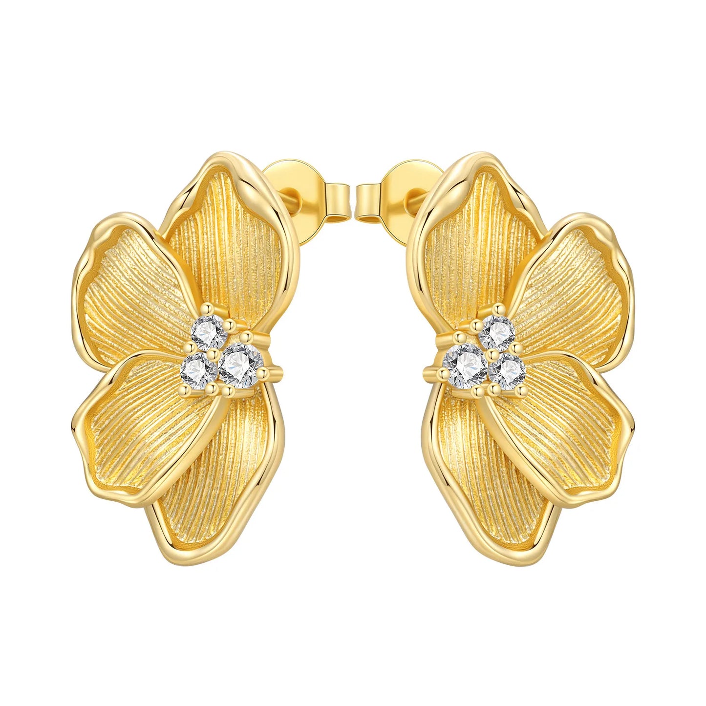 Original 925 Sterling Silver Fashion Zircon 18K Golden Petal Stud Earrings for Women Birthday Party Accessories Gifts Jewellery