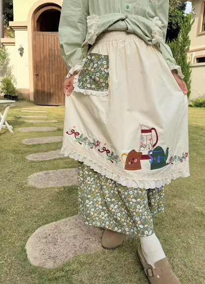 Japanese Mori Girl Spring Sweet Patchwork Lace Elastic Waist A- Line Skirt Vintage Embroidery Cotton Skirt Jupe Femme Faldas