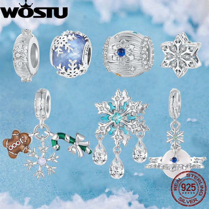 WOSTU 925 Sterling Silver Snowflake Charm Winter Snow Beads Purity Original Fit for Women Girls Necklace DIY Fine Jewelry Gift