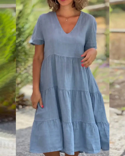Cotton Linen Casual Women's Dresses 2025 Spring/Summer Sweet  Short Sleeve Solid V-neck Large Swing Loose Dress  S-5XL