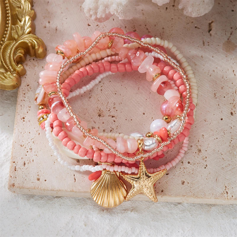 Cute Coral Starfish Shell Multi-Layer Bracelet for Women Ocean Series Fashion Stackable Beaded Jewelry Accessories