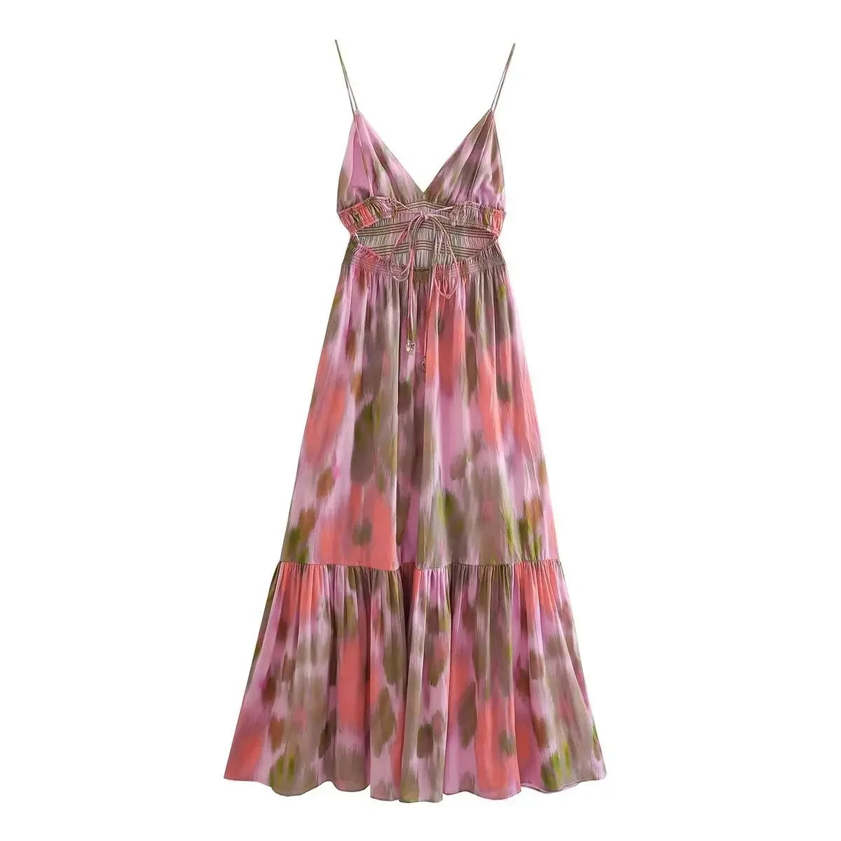 BWQ Printed Elastic Waist Backless Dress Women Lace Up Vintage Straps V-Neck Midi Dresses Female Vacation Chic Beach Dresses