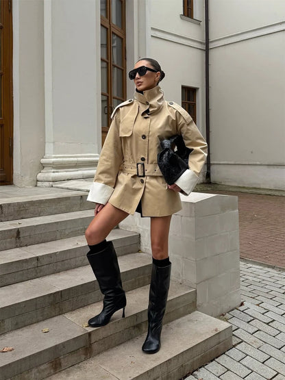 Women Casual Stand Collar Belted Trench Coat Chic Contrast Cuff Single Breasted Loose Windbreaker 2026 Lady Commute Street Coats