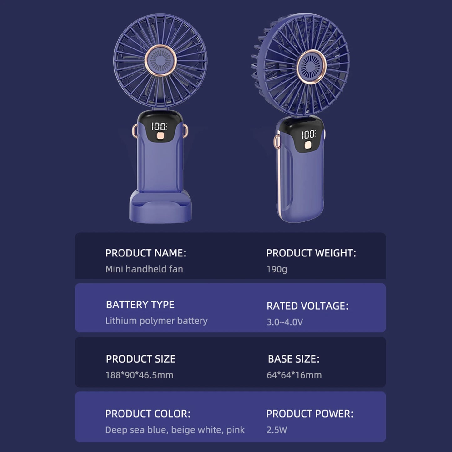 Portable Fan Mini Handheld Electric Fan with LED Sceen Battery Display Support 5 Adjustable Wind Speed Silent Operation Foldable