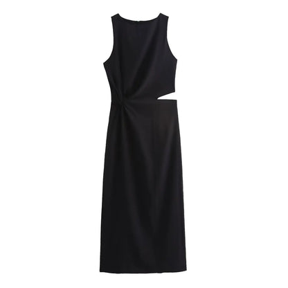 HH Women Summer Crop Waist Opening Folds Design Midi Dress Female Fashion O-Neck Back Zipper Sleeveless 3 Color Slim Dresses