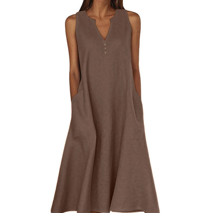 Women's Summer Casual V-neck Button Solid Color Sleeveless Long Dress With Pockets Female Elegant Trendy Casual Loose Dresses