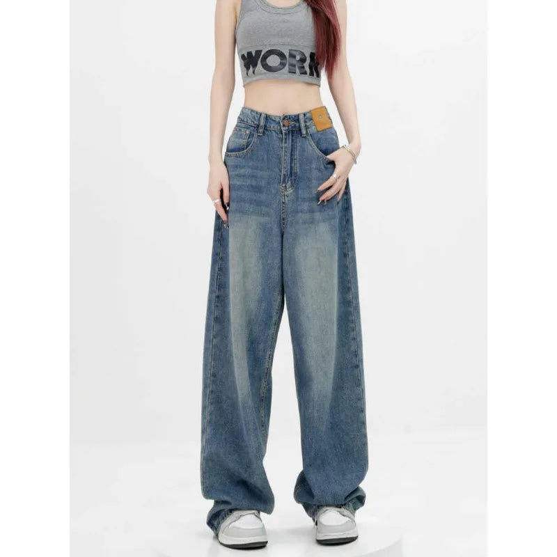 Womens Jeans High Waist Slim Fit Personality Denim Trousers Autumn Winter New Blue Loose Straight Wide Leg Drag Thin