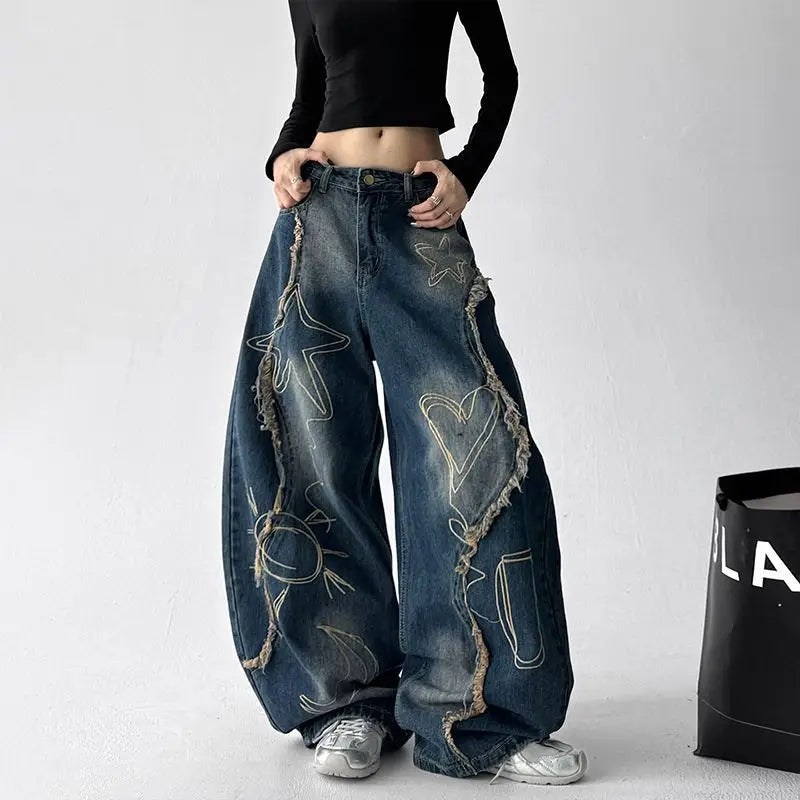 American Washing Embroidery Pattern Printing Machete Jeans Women Y2K New Street Hiphop Handsome Casual Joker Wide-leg Pants