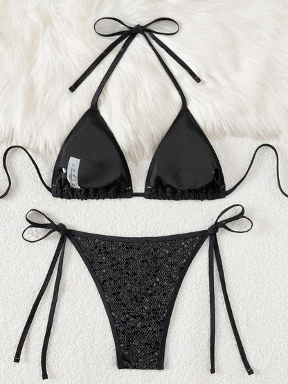 Shiny Sequin Black Bikini Set Women Sexy Push Up Bra Tie Side Triangle Swimsuit 2025 Brazilian Beach Bathing Suit Micro Swimwear