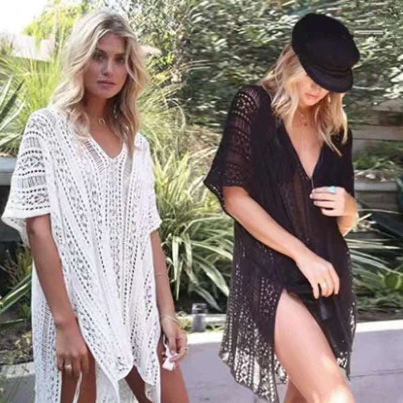 Knit Hollow Out Dress Without Bikini, Long Sleeves Round Neck See Through Crochet Cover Up Dress, Women's Swimwear & Clothing