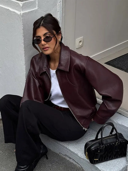 Women Wine Red Lapel Leather Jacket Fashion Full Sleeve Collar Zipper Elastic Waist Coat 2025 Casual Autumn Daily Office Outwear