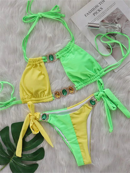 Luxury Rhinestones Splicing Bikini Set Women Halter Patchwork Cut Out Push Up Diamond Swimsuit 2024 Bathing Suit Thong Swimwear