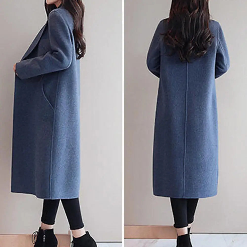Two Buttons Woolen Coat Stylish Women's Woolen Coat Lapel Long Sleeve Two Buttons Pockets Autumn/winter Mid-length Cardigan