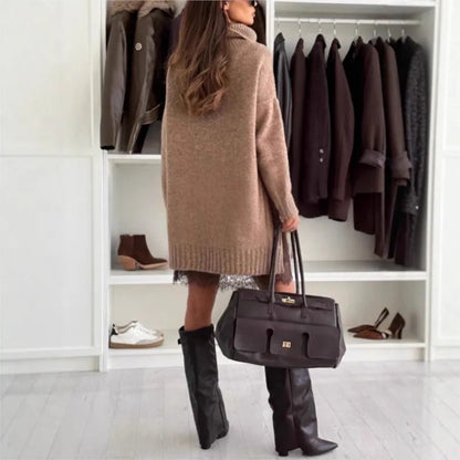 New Fashion Women's 2-piece Set  Autumn Winter Knitted Sweater+Lace Dress Loose Long Sleeve Solid color Turtleneck Pullover Top