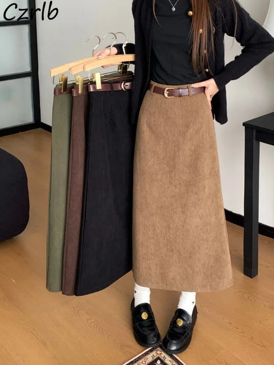 Chic Corduroy Back-slit Midi Skirts Women Fashion Vintage Popular All-match Young Streetwear Girls Preppy Style Autumn Ins New