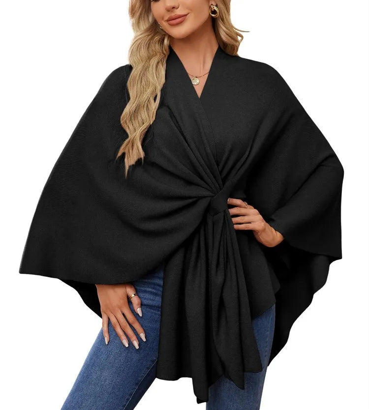 Women's Trendy Autumn And Winter Loose V-Neck Shawl Cape Elegant Shawl Wraps Casual Solid Color Soft Open Front Poncho bat shirt