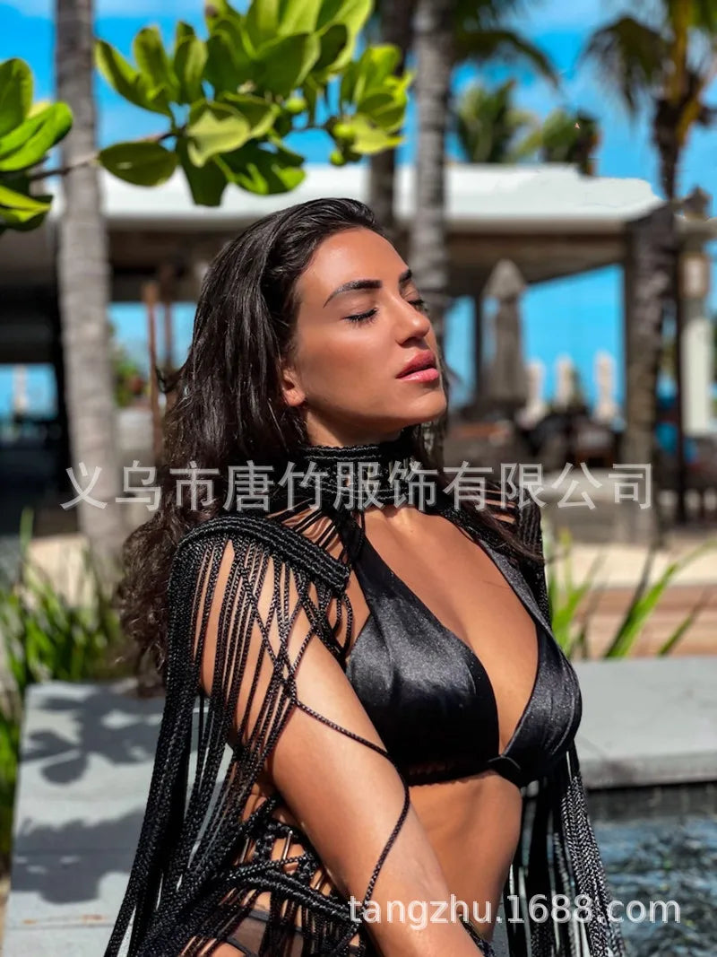 Hand Crochet Knitted Women Bikini Cover Ups 2023 Summer Holiday Tassel Beach Bathing Suit Sexy Hollow Out Skirts Matching Set