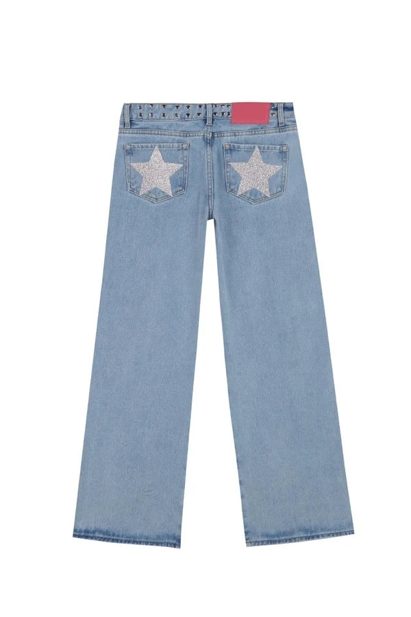 Y2K Vintage Jeans Women High Waisted Denim Pants Five Pointed Star Print Harajuku Street Baggy Casual Straight Leg Trousers