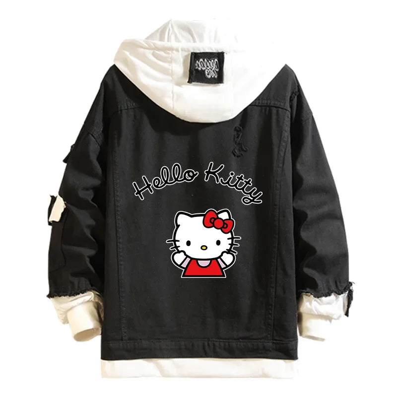 Anime Sanrio Denim Bomber Jacket Hello Kitty Hooded Jeans Sweatshirt Unisex Ripped Hole Cosplay Hoodie Long-Sleeved Denim Jacket