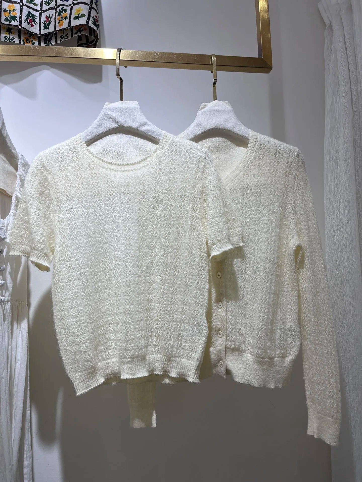 Women Hollow Out Long Sleeve Single Breasted Knitted Cardigan or Round Neck Short Sleeve Pullover