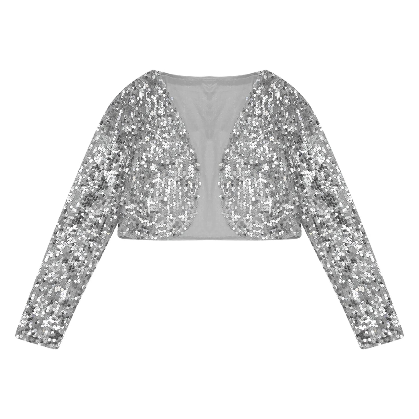 Womens Sequin Crop Jacket Open Front Long Sleeve Fully Lining Cardigan Cropped Blazer Bolero Shrug Cocktail Club Party Outerwear