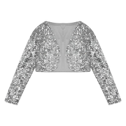 Womens Sequin Crop Jacket Open Front Long Sleeve Fully Lining Cardigan Cropped Blazer Bolero Shrug Cocktail Club Party Outerwear