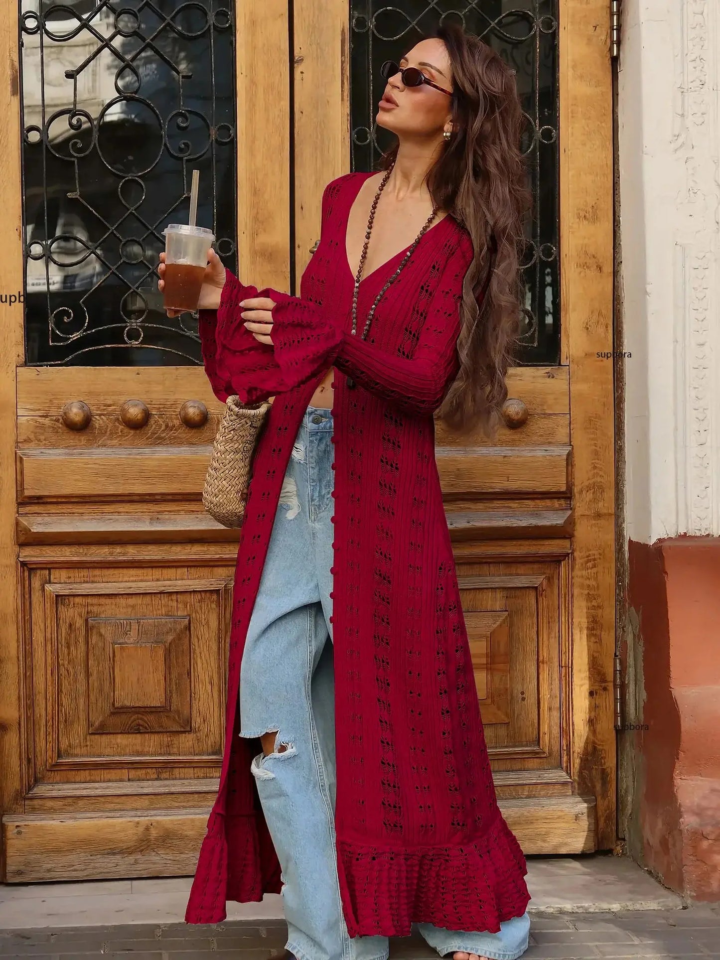 Hollow Breasted Sweater Long Dress Women Summer Party Dresses Cover Up Elegant Slim Split Maxi Vestidos Holiday Beach Robe