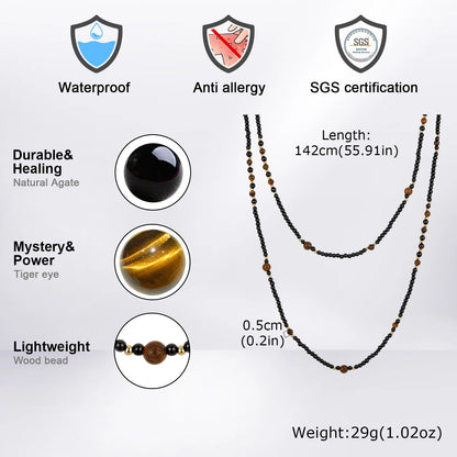 Black Agate Natural Stone Tiger Eye Beads Chain Necklace for Men, Retro Long Sweater Chain Necklace, Fashion Boho Jewelry Gift