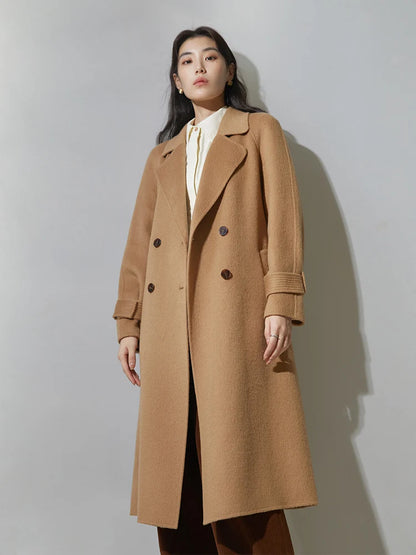 DUSHU 100% Wool Temperament Camel Color Women Long Double Breasted Woolen Coat Raglan Sleeve Belt Design Female Wool Jackets