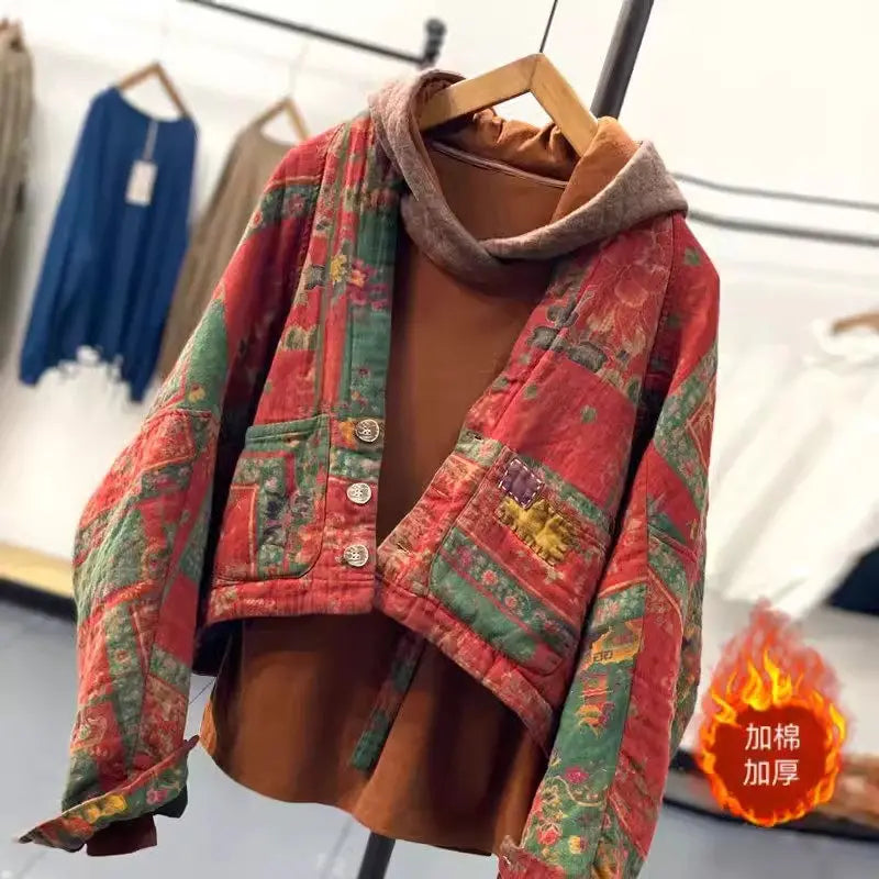 2026 Spring & Autumn Fashion Ethnic Retro Printed Cotton Jacket Women's Loose Bat Sleeves Quilted Short Coat V-Neck Top K2312