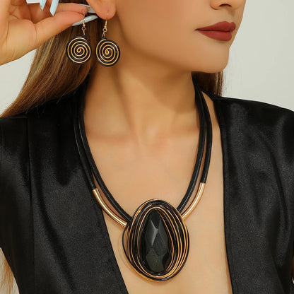 Trendy Fashion Resin Gems Aluminum Wire Woven Water Drop Pendant Necklace Earring Jewelry Set For Women Party Accessories