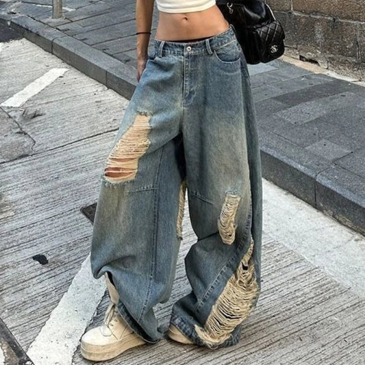 American high street ripped old jeans women ins autumn retro Harajuku loose straight wide-leg floor pants women jeans