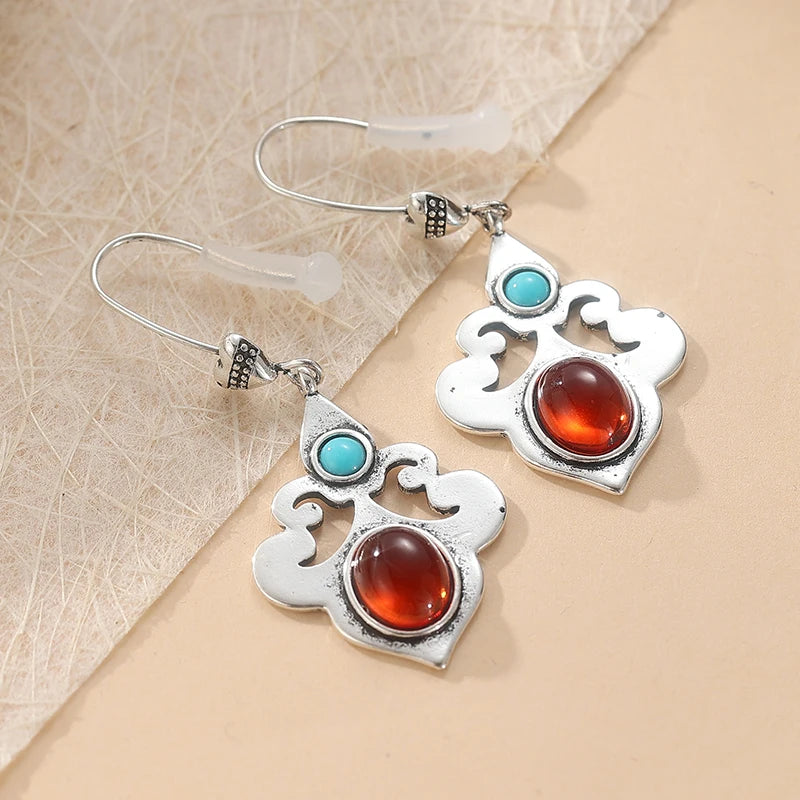 Traditional Earrings, Ethnic Tribal Earrings, Glass Stones, Carved Long Earrings, Heart Shape Earrings,