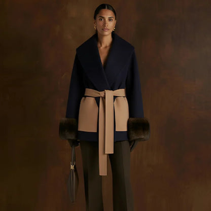 Stylish Girl New Imitation Wool Color Blocked Casual Jacket Faux Fur Cuffs Slim Fit Belt Coat Date Commuter  Female Clothing