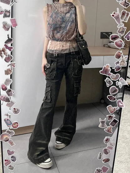Women's Black Gothic Y2K Jeans Baggy Aesthetic Denim Trousers Harajuku Streetwear Jean Pants Vintage 2000s Trashy Clothes 2024