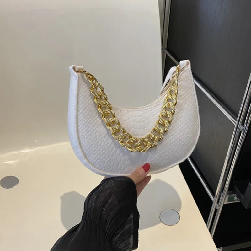Fashion Women Felt Handbags Imitation Metal Chain Underarm Bag Retro Ladies Solid Color Shoulder Bag Trendy Casual Clutch Purse