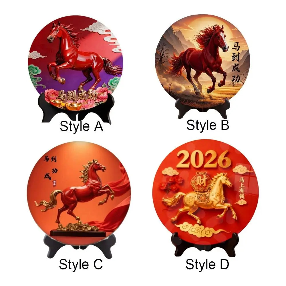 Horse Year Decorative Paintings Ornament Round Good Luck Desktop Ornament Wooden Funny Home Decor Ornament TV Cabinets