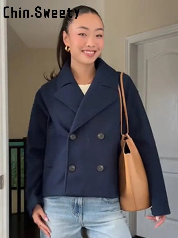 Casual Short Woolen Blends Coats Women Loose Lapel Bouble Breasted Pocket Full Sleeve Jacket 2025 Autumn Winter Lady Solid Coat