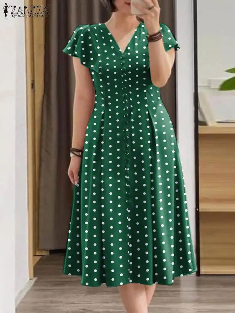ZANZEA Elegant Women Midi Dresses 2024 Fashion Ruffle Sleeve Polka Dots A-line Vestidos Casual V Neck Commute Party Robes Femme